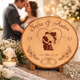 Personalisierte Baumscheibe mit Gravur „Sofia & Anton“ und Datum, dekoriert mit Kerzen, Rosen und Spitze in warmem Licht.