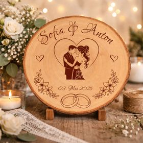 Personalisierte Baumscheibe mit Gravur „Sofia & Anton“ und Datum, dekoriert mit Kerzen, Rosen und Spitze in warmem Licht.