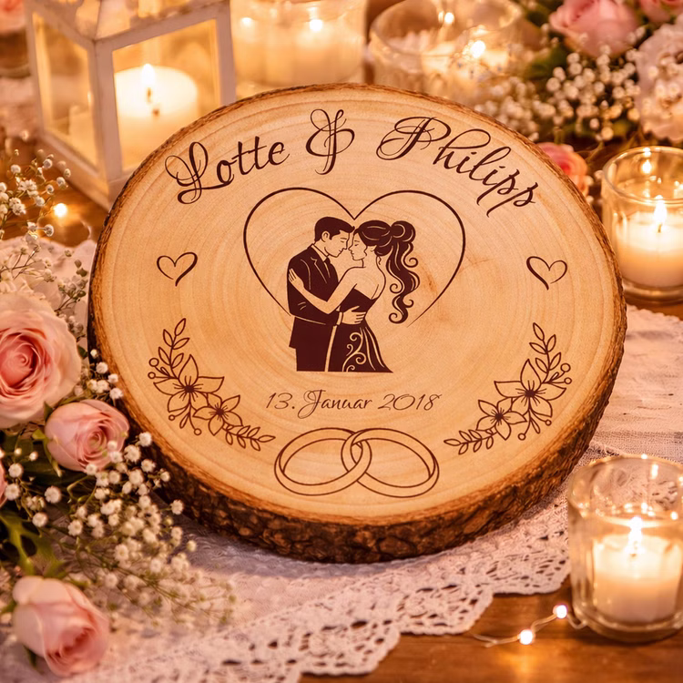 Baumscheibe mit Gravur 30 cm Brautpaar Personalisiert Hochzeitsgeschenk Namen und Datum Hochzeit Jahrestag Geschenkidee Hochzeitsgeschenk Silberhochzeit Personalisierte Holz-Baumscheibe als Hochzeitsgeschenk, dekoriert mit Kerzen, Rosen und Spitze auf einer festlichen Tischdekoration.