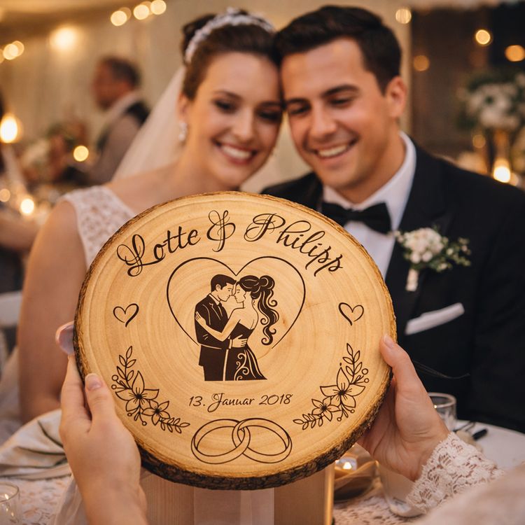 Personalisierte Holz-Baumscheibe als Hochzeitsgeschenk, dekoriert mit Kerzen, Rosen und Spitze auf einer festlichen Tischdekoration.
