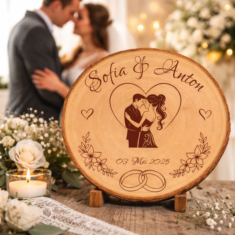 Personalisierte Baumscheibe mit Gravur „Sofia & Anton“ und Datum, dekoriert mit Kerzen, Rosen und Spitze in warmem Licht.