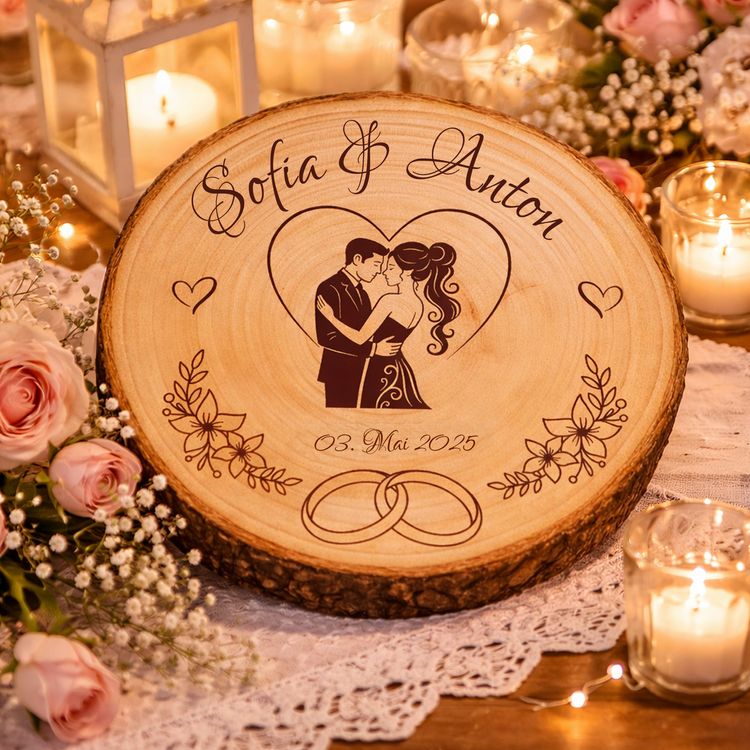 Personalisierte Baumscheibe mit Gravur „Sofia & Anton“ und Datum, dekoriert mit Kerzen, Rosen und Spitze in warmem Licht.