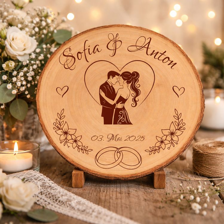 Personalisierte Baumscheibe mit Gravur „Sofia & Anton“ und Datum, dekoriert mit Kerzen, Rosen und Spitze in warmem Licht.