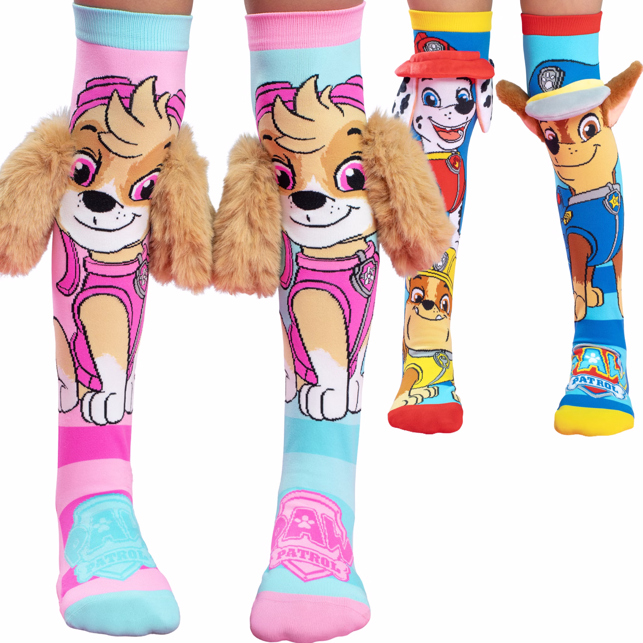 PAW-Patrol-Kniestrümpfe verschiedener Charaktere; im Vordergrund Skye-Socken mit 3D-Ohren, daneben Marshall- und Chase-Socken.