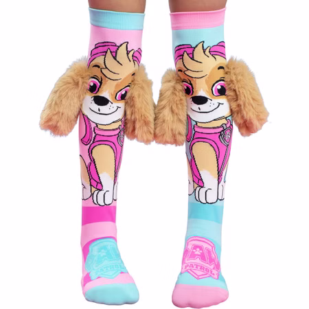 Paw Patrol Socken Lustige Socken Skye mit 3D-Ohren Hund für Kinder & Erwachsene Kniestrümpfe Geschenkidee Kindersocken Socken für Erwachsene Spaßsocken Kostüm-Zubehör Hundesocken PAW-Patrol-Skye-Kniestrümpfe in Pink und Türkis, getragen an Kinderbeinen, mit flauschigen 3D-Hundeohren an den Seiten.