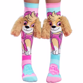 PAW-Patrol-Skye-Kniestrümpfe in Pink und Türkis, getragen an Kinderbeinen, mit flauschigen 3D-Hundeohren an den Seiten.