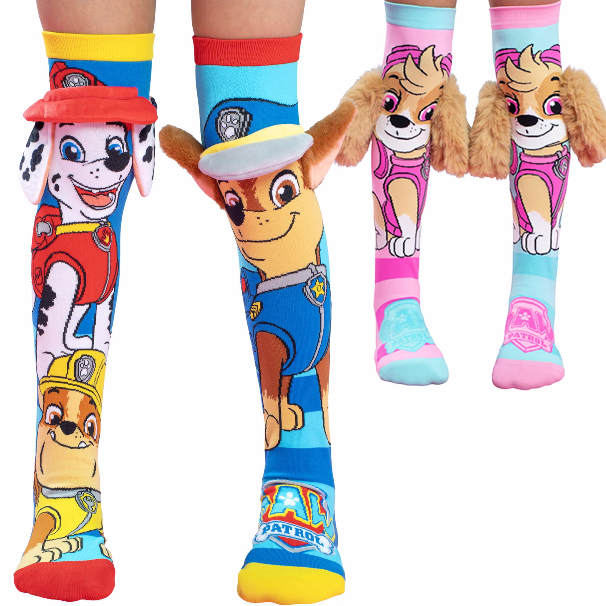 Lustige Paw Patrol Socken Chase & Marshall mit 3D-Ohren für Kinder & Erwachsene Kniestrümpfe Geschenkidee Kindersocken Socken für Erwachsene Spaßsocken Kostüm-Zubehör Hundesocken Bunte PAW-Patrol-Socken-Kollektion: Chase- und Marshall-Kniestrümpfe mit 3D-Helm- und Ohrenapplikationen, daneben Skye-Socken mit 3D-Plüschohren.