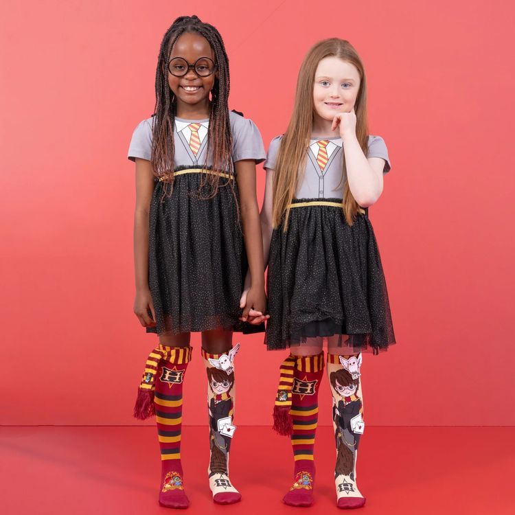 Zwei Beine tragen farbenfrohe Harry-Potter-Socken im Gryffindor-Design mit 3D-Schal und 3D-Eule Hedwig; linke Socke mit roten und goldenen Streifen, rechte Socke mit Comic-Harry und Hogwarts-Brief.