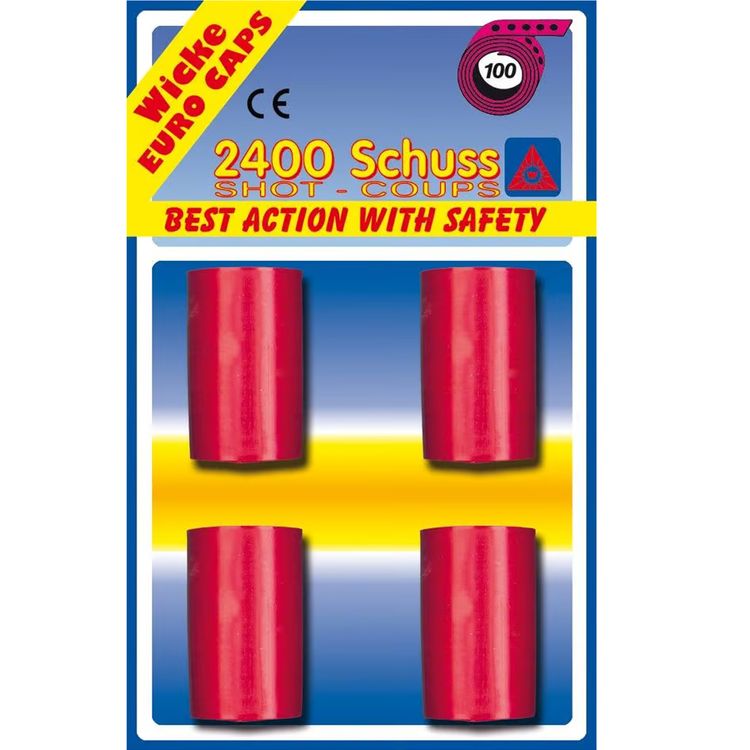 Verpackung der Wicke Euro Caps mit vier roten Rollen sowie drei zusätzliche abgewickelte Rollen mit sichtbaren Zündplättchen.