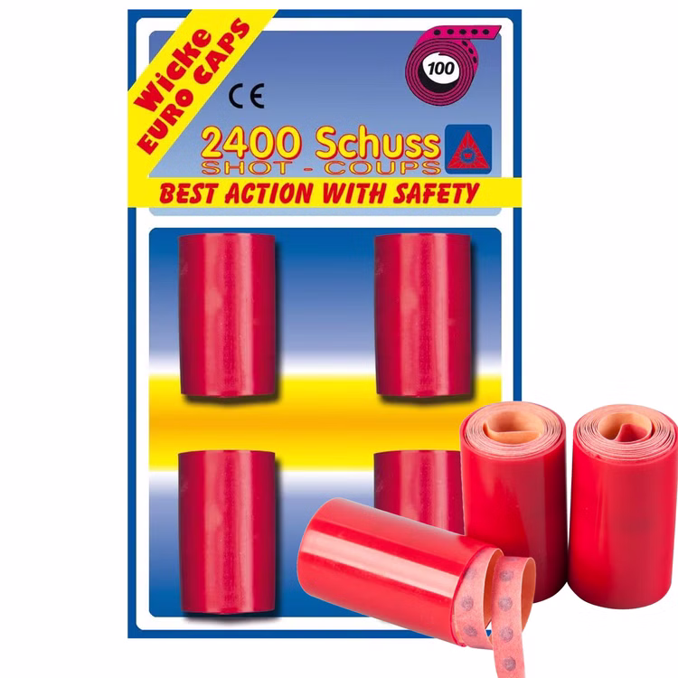 Zündplättchen Schuss-Band Spielzeug-Munition 2400 Schuss für Pistole und Gewehr Kostüm-Zubehör Fasching Karneval Mottoparty Rollenspiel Verpackung der Wicke Euro Caps mit vier roten Rollen sowie drei zusätzliche abgewickelte Rollen mit sichtbaren Zündplättchen.