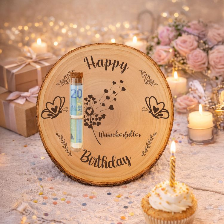 Dekorative Baumscheibe mit Geburtstagsgravur und Wunscherfüller, kombiniert mit einem Reagenzglas für Geldgeschenke, umgeben von Kerzen, Geschenken und einem Geburtstags-Cupcake.