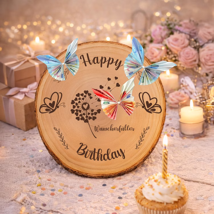 Baumscheibe 30 cm Happy Birthday Wunscherfüller Geldgeschenk Individuelles Geschenk DIY-Geschenkidee Geburtstag Holzscheibe Bastelbedarf Basteln Geburtstags-Baumscheibe mit Holzgravur, verziert mit bunten Schmetterlingen aus gefalteten Geldscheinen, arrangiert in warmem Ambiente mit Kerzen und Blumen.