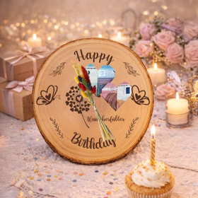 Baumscheibe 24 cm Happy Birthday Wunscherfüller Geldgeschenk Individuelles Geschenk DIY-Geschenkidee Geburtstag Holzscheibe Bastelbedarf Basteln Detailansicht einer Baumscheibe mit „Happy Birthday“-Gravur und mehreren kunstvoll gefalteten Geldscheinen in Herzform.