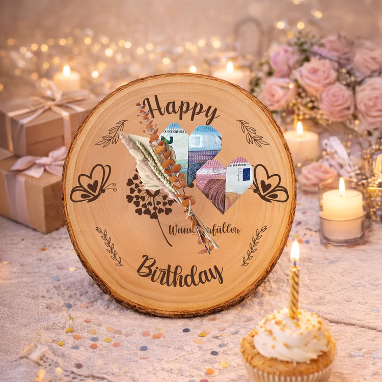 Baumscheibe 24 cm Happy Birthday Wunscherfüller Geldgeschenk Individuelles Geschenk DIY-Geschenkidee Geburtstag Holzscheibe Bastelbedarf Basteln Runde Baumscheibe mit Geburtstagsgravur, kombiniert mit gefalteten Geldherzen und dekorativen Trockenblumen als individuelles und nachhaltiges Geldgeschenk.