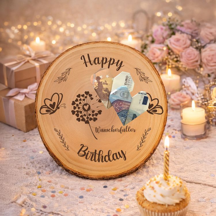Geburtstags-Baumscheibe mit Holzgravur, verziert mit bunten Schmetterlingen aus gefalteten Geldscheinen, arrangiert in warmem Ambiente mit Kerzen und Blumen.