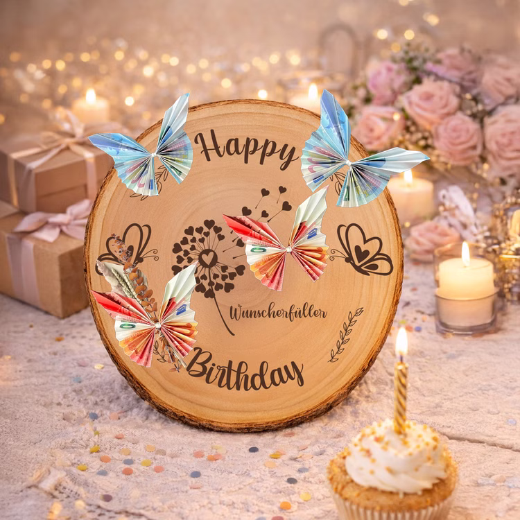 Baumscheibe 24 cm Happy Birthday Wunscherfüller Geldgeschenk Individuelles Geschenk DIY-Geschenkidee Geburtstag Holzscheibe Bastelbedarf Basteln Baumscheibe mit graviertem Wunscherfüller-Motiv, dekoriert mit aus Geldscheinen gefalteten Schmetterlingen als verspieltes Geldgeschenk zum Geburtstag.