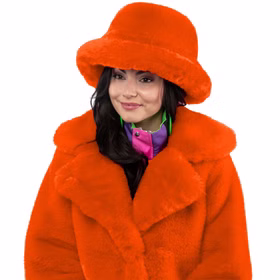 90er Retro Plüschjacke Orange mit Hut Vintage Party Kostüm für Damen Gr. S-XXXL Retro-Look Hippie 70er Jahre Fasching Karneval Mottoparty Frau trägt orangefarbene Plüschjacke und passenden Plüschhut, Blick leicht zur Seite, weiches Material und kräftige Farbe deutlich erkennbar.