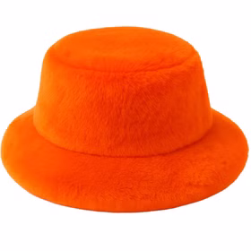 90er Retro Plüschjacke Orange mit Hut Vintage Party Kostüm für Damen Gr. S-XXXL Retro-Look Hippie 70er Jahre Fasching Karneval Mottoparty Orangefarbener flauschiger Plüschhut in Einheitsgröße, freigestellt auf weißem Hintergrund, runde Form und weiche Struktur erkennbar.