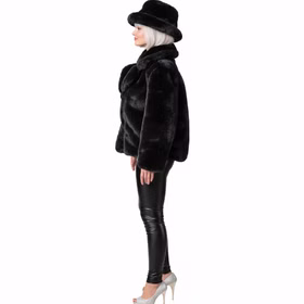 90er Retro Plüschjacke Schwarz mit Hut Vintage Party Kostüm für Damen Gr. S-XXXL 20er Jahre 30er Jahre Charleston Retro-Look Fasching Karneval Mottoparty Seitenansicht einer Frau mit schwarzer Plüschjacke und schwarzem Hut im Stil der 20er Jahre, neutraler weißer Hintergrund.