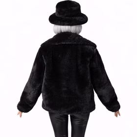 90er Retro Plüschjacke Schwarz mit Hut Vintage Party Kostüm für Damen Gr. S-XXXL 20er Jahre 30er Jahre Charleston Retro-Look Fasching Karneval Mottoparty Rückansicht der schwarzen Plüschjacke mit passendem Hut, lockerer Schnitt, gleichmäßige Plüschstruktur sichtbar.