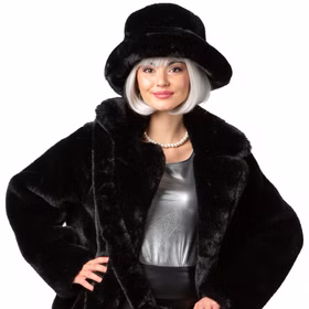 90er Retro Plüschjacke Schwarz mit Hut Vintage Party Kostüm für Damen Gr. S-XXXL 20er Jahre 30er Jahre Charleston Retro-Look Fasching Karneval Mottoparty Detailaufnahme der schwarzen Plüschjacke mit breitem Reverskragen und schwarzem Plüschhut im 20er-Jahre-Look.