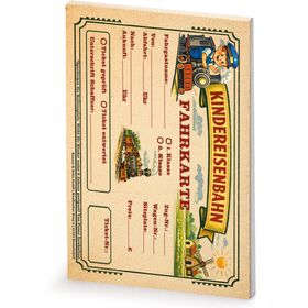 Fahrkartenblock für Kinder mit 25 Spiel-Fahrkarten im DIN-A7-Format, ideal für Rollenspiele und Eisenbahn-Kostüme.