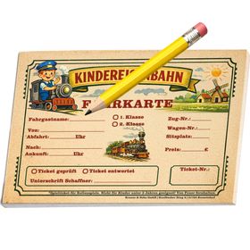 Fahrkartenblock für Kinder mit 25 Spiel-Fahrkarten im DIN-A7-Format, ideal für Rollenspiele und Eisenbahn-Kostüme.