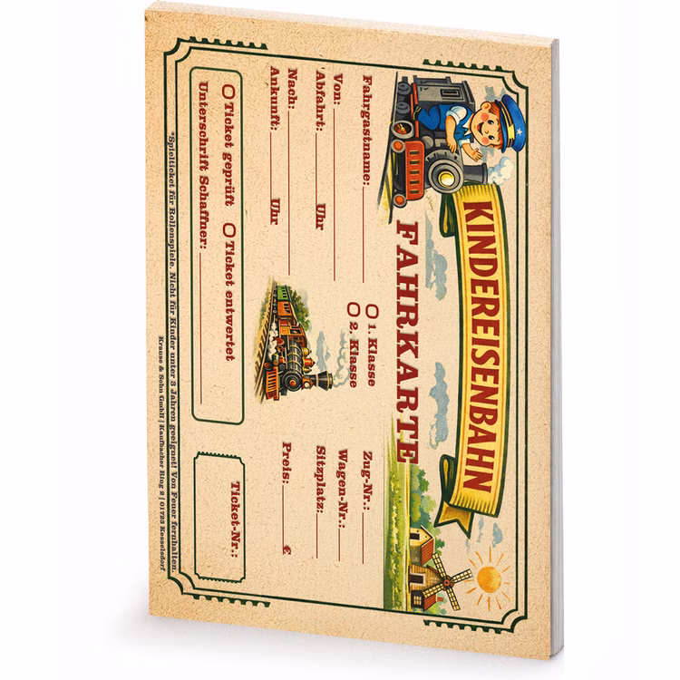 Spielticket Fahrkarte Kindereisenbahn Block 25 Blatt zum Ausfüllen für Kinder Block DIN A7 mit Leimbindung Kostüm-Zubehör Schaffner Eisenbahn Accessoire Rollenspiel Fasching Karneval Kindergeburtstag Mottoparty Kinder-Fahrkartenblock „Kindereisenbahn“ mit 25 Blatt im Retro-Design, schräg dargestellt, Papierblock mit Leimbindung.
