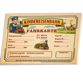 Fahrkartenblock Kindereisenbahn mit Signalkelle, Vorderansicht auf weißem Hintergrund.