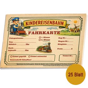 Fahrkartenblock Kindereisenbahn mit Signalkelle, Vorderansicht auf weißem Hintergrund.