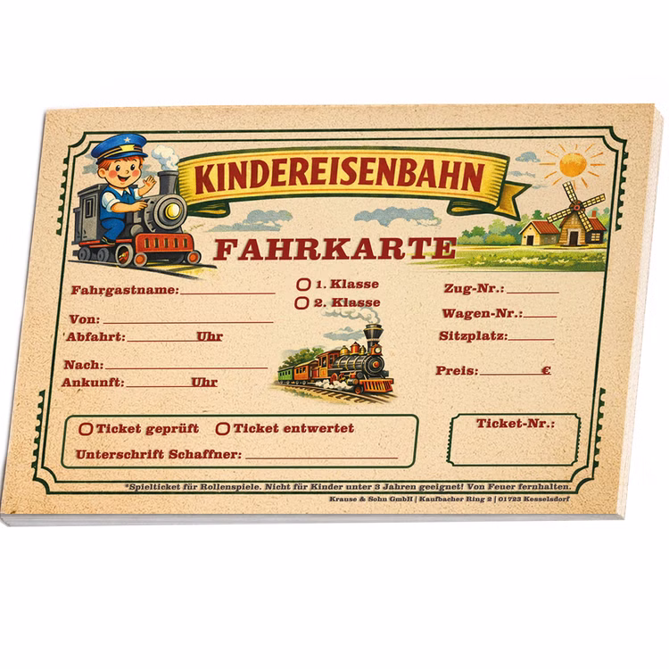 Schaffner Kostüm-Set Lukas Mütze mit Signalkelle & Fahrkartenblock für Kinder Kostüm-Zubehör Rollenspiel Fasching Karneval Mottoparty Kindergeburtstag Eisenbahn-Fan Detailansicht Kindereisenbahn Fahrkarte zum Ausfüllen mit Feldern für Name, Strecke, Klasse und Preis, nostalgisches Design.