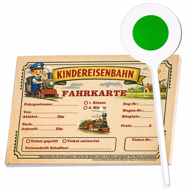 Schaffner Kostüm-Set Lukas Mütze mit Signalkelle & Fahrkartenblock für Kinder Kostüm-Zubehör Rollenspiel Fasching Karneval Mottoparty Kindergeburtstag Eisenbahn-Fan Kinder Fahrkartenblock Kindereisenbahn mit Beschriftungsfeldern, daneben grüne Signalkelle für Rollenspiel Eisenbahn.
