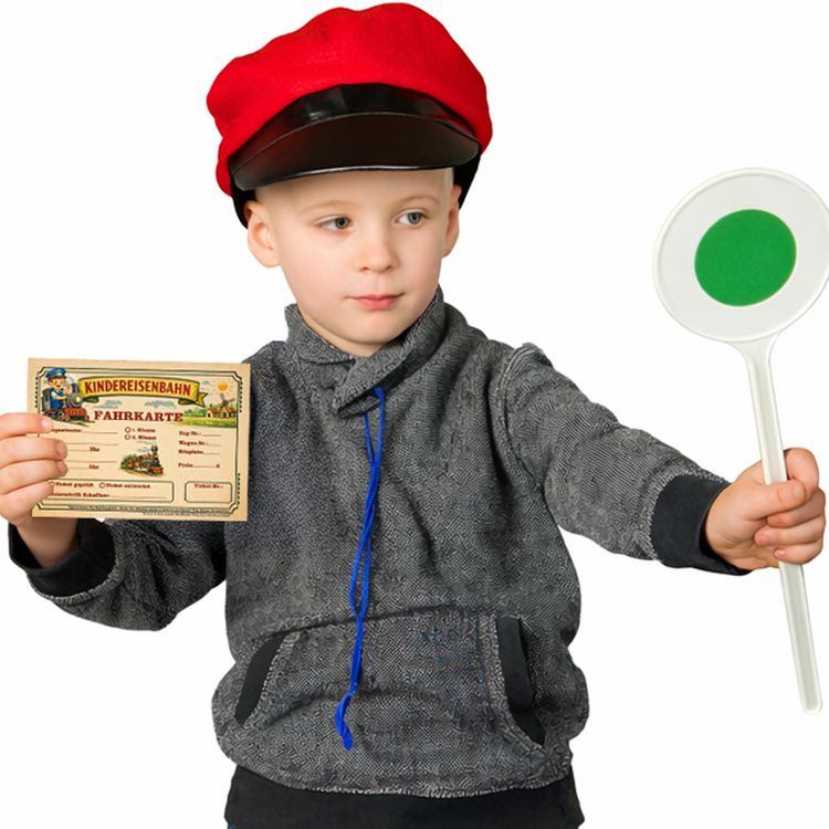 Kind mit roter Schaffnermütze hält grüne Signalkelle und Kindereisenbahn-Fahrkarte in der Hand.