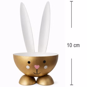 2 Eierbecher Hase Gold aus Metall Osterhase 10 cm gedeckter Tisch Ostern Oster-Deko Dekoration Frühling Osterfest Osterbrunch Tisch-Deko Goldener Metall-Eierbecher im Hasen-Design mit weißer Innenseite und eingezeichneter Höhenangabe von 10 cm zur Darstellung der Produktgröße.