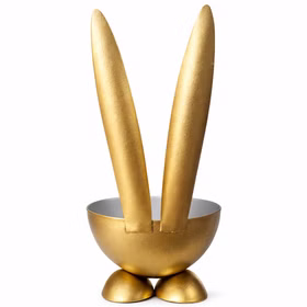 2 Eierbecher Hase Gold aus Metall Osterhase 10 cm gedeckter Tisch Ostern Oster-Deko Dekoration Frühling Osterfest Osterbrunch Tisch-Deko Rückseite eines goldfarbenen Eierbechers in Hasenform aus Metall mit langen weißen Hasenohren und runder Schalenform.