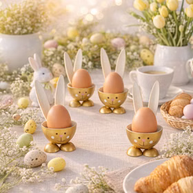 2 Eierbecher Hase Gold aus Metall Osterhase 10 cm gedeckter Tisch Ostern Oster-Deko Dekoration Frühling Osterfest Osterbrunch Tisch-Deko Vier goldfarbene Eierbecher im Hasen-Design aus Metall mit braunen Frühstückseiern auf einem dekorativ gedeckten Oster-Frühstückstisch mit Blumen, Gebäck und Frühlingsdeko.