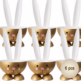 Eierbecher-Set 6 Stück Hase Gold aus Metall Osterhase gedeckter Tisch Ostern Oster-Deko Dekoration Frühling Osterfest Osterbrunch Tisch-Deko Sechs goldfarbene Eierbecher in Hasenform aus Metall mit weißen Ohren und rosa Herz-Nase, frontal auf weißem Hintergrund angeordnet; rechts unten Hinweis 6 Stück.
