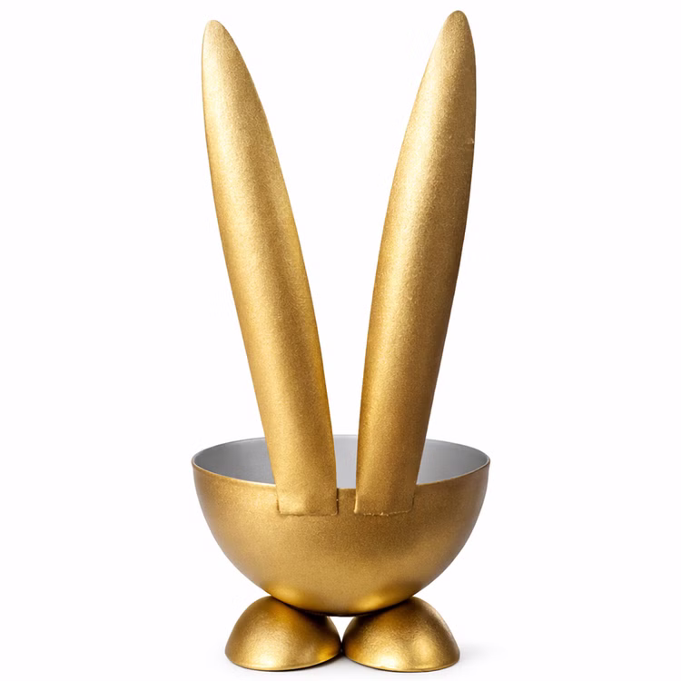 Eierbecher-Set 6 Stück Hase Gold aus Metall Osterhase gedeckter Tisch Ostern Oster-Deko Dekoration Frühling Osterfest Osterbrunch Tisch-Deko Rückseite des goldenen Hasen-Eierbechers aus Metall mit zwei langen weißen Ohren und goldenen Standfüßen.