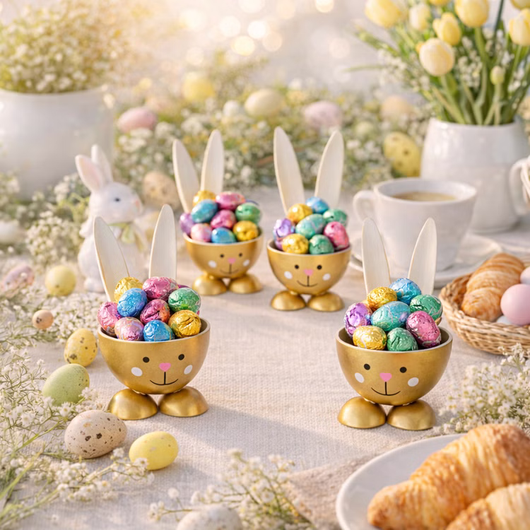 Eierbecher-Set 6 Stück Hase Gold aus Metall Osterhase gedeckter Tisch Ostern Oster-Deko Dekoration Frühling Osterfest Osterbrunch Tisch-Deko Vier goldene Hasen-Eierbecher gefüllt mit bunten Schokoladen-Ostereiern auf einem hell dekorierten Oster-Frühstückstisch.