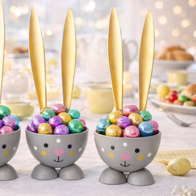 Eierbecher-Set 4 Stück Hase Gold aus Metall Osterhase gedeckter Tisch Ostern Oster-Deko Dekoration Frühling Osterfest Osterbrunch Tisch-Deko Graue Hasen-Eierbecher mit langen goldenen Ohren, gefüllt mit bunten Schokoladeneiern in glänzender Folie, auf einem festlich dekorierten Osterbrunch-Tisch.