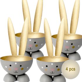 Vier graue Hasen-Eierbecher mit goldenen Ohren auf weißem Hintergrund; unten rechts befindet sich ein runder Hinweis mit der Aufschrift „4 Stück“.