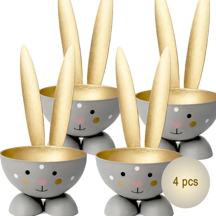 Eierbecher-Set 4 Stück Hase Gold aus Metall Osterhase gedeckter Tisch Ostern Vier graue Hasen-Eierbecher mit goldenen Ohren auf weißem Hintergrund; unten rechts befindet sich ein runder Hinweis mit der Aufschrift „4 Stück“.