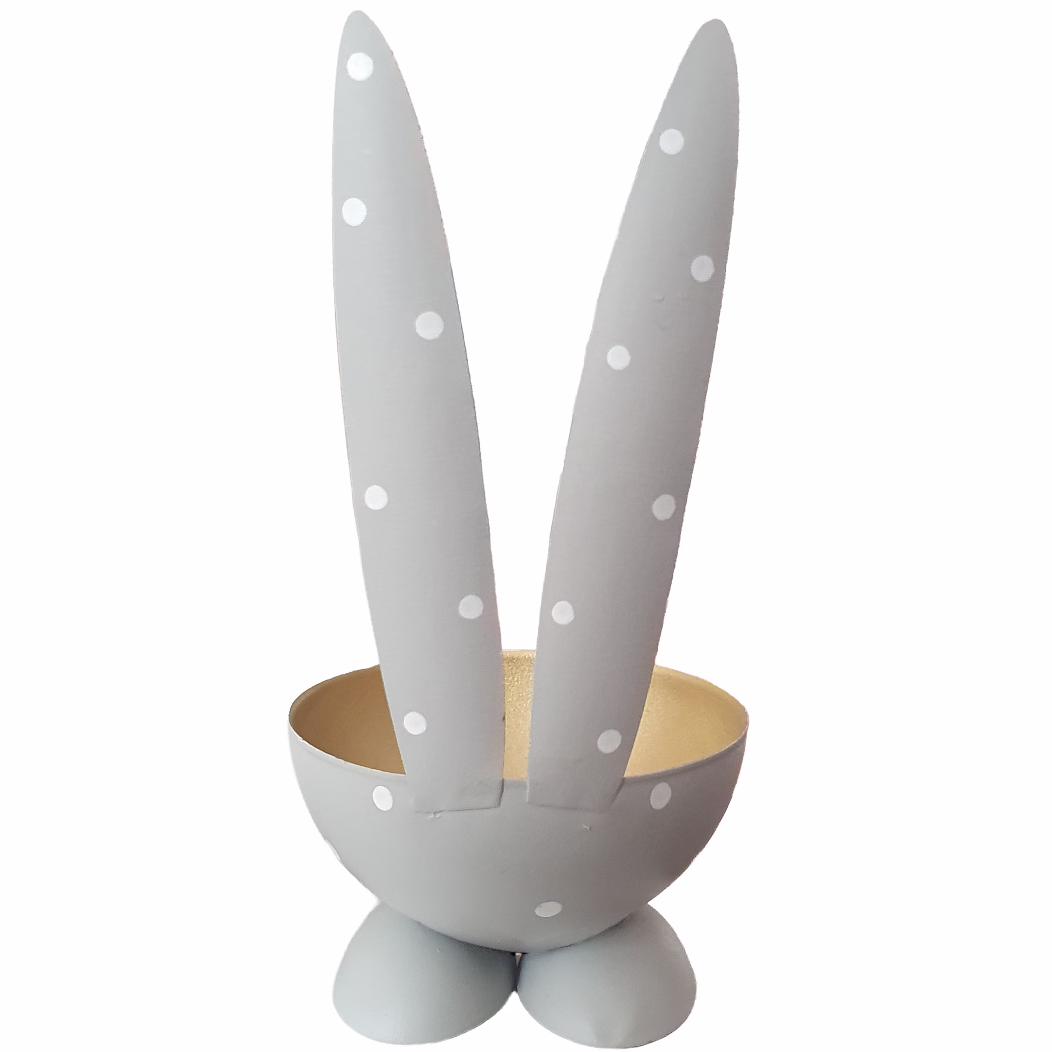 Eierbecher-Set 6 Stück Hase Gold aus Metall Osterhase gedeckter Tisch Ostern Oster-Deko Dekoration Frühling Osterfest Osterbrunch Tisch-Deko Rückseite eines grauen Eierbechers in Hasenform mit weiß gepunkteten Ohren und goldfarbener Innenfläche; die beiden Standfüße sind sichtbar.