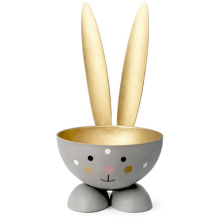 Eierbecher-Set 6 Stück Hase Grau aus Metall Osterhase gedeckter Tisch Ostern Sechs graue Hasen-Eierbecher mit goldenen Ohren auf weißem Hintergrund; unten rechts befindet sich ein runder Hinweis mit der Aufschrift „6 Stück“.