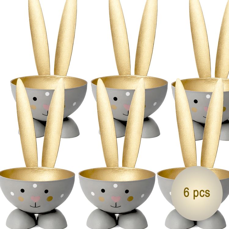 Eierbecher-Set 6 Stück Hase Grau aus Metall Osterhase gedeckter Tisch Ostern Sechs graue Hasen-Eierbecher mit goldenen Ohren auf weißem Hintergrund; unten rechts befindet sich ein runder Hinweis mit der Aufschrift „6 Stück“.