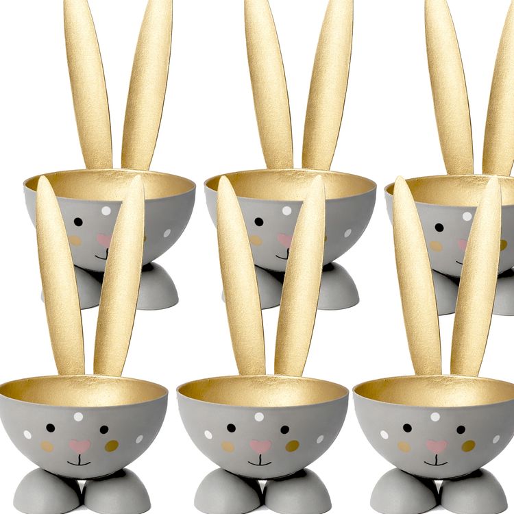 Eierbecher-Set 6 Stück Hase Grau aus Metall Osterhase gedeckter Tisch Ostern Sechs graue Hasen-Eierbecher mit goldenen Ohren auf weißem Hintergrund; unten rechts befindet sich ein runder Hinweis mit der Aufschrift „6 Stück“.