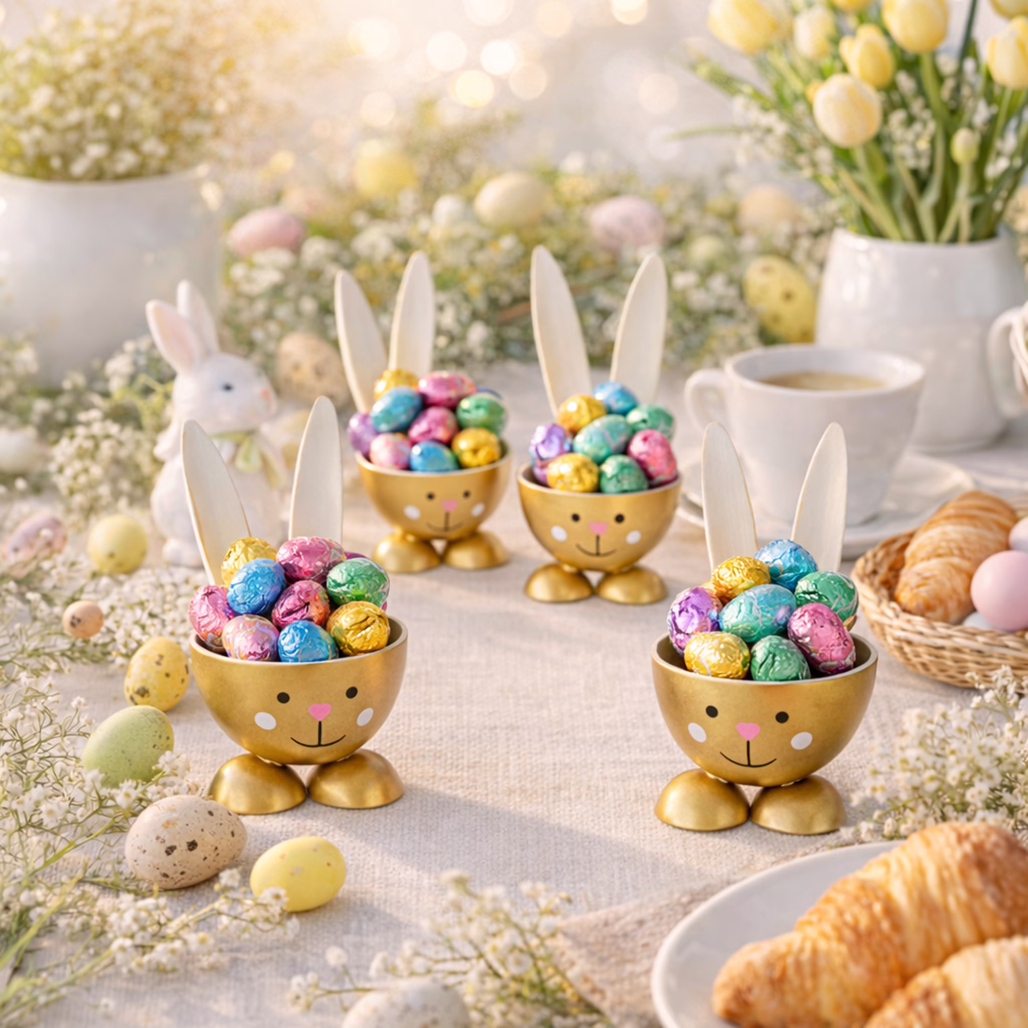 Eierbecher-Set Gold & Grau Hase Bunny 6 Stück Osterhasen-Brunch Tisch-Deko Oster-Deko Dekoration Frühling Osterfest Osterbrunch Tisch-Deko Goldene Hasen-Eierbecher mit Eiern auf festlich dekoriertem Ostertisch mit Blumen und Croissants.