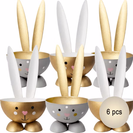 Eierbecher-Set Gold & Grau Hase Bunny 6 Stück Osterhasen-Brunch Tisch-Deko Oster-Deko Dekoration Frühling Osterfest Osterbrunch Tisch-Deko 6er Set Hasen-Eierbecher in Gold und Grau mit langen Ohren, freigestellt auf weißem Hintergrund.