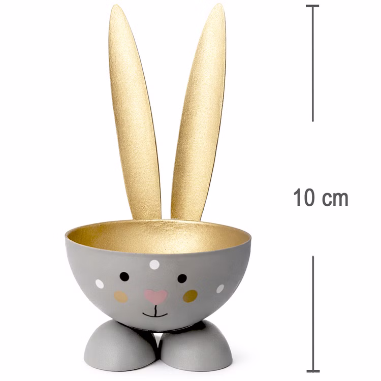 Eierbecher-Set Gold & Grau Hase Bunny 6 Stück Osterhasen-Brunch Tisch-Deko Oster-Deko Dekoration Frühling Osterfest Osterbrunch Tisch-Deko Grauer Hasen-Eierbecher mit goldenen Ohren und Maßangabe 10 cm, freigestellt auf weißem Hintergrund.