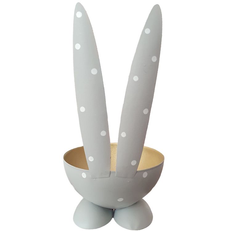 Eierbecher-Set Gold & Grau Hase Bunny 6 Stück Osterhasen-Brunch Tisch-Deko 6er Set Hasen-Eierbecher in Gold und Grau mit langen Ohren, freigestellt auf weißem Hintergrund.